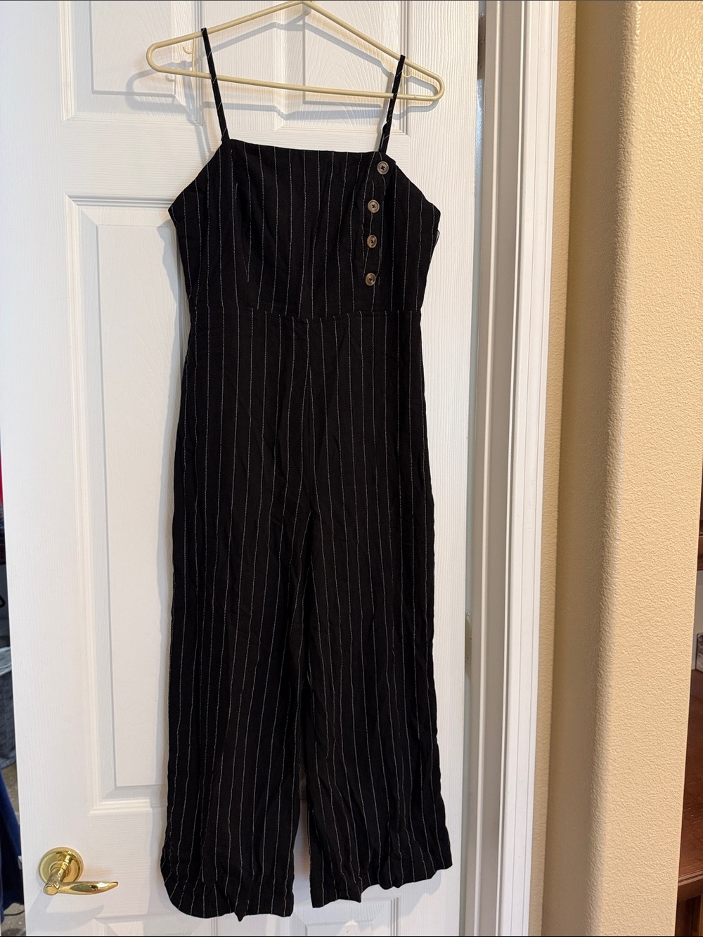 Women’s Black Pinstripe Jumpsuit with Button Detail